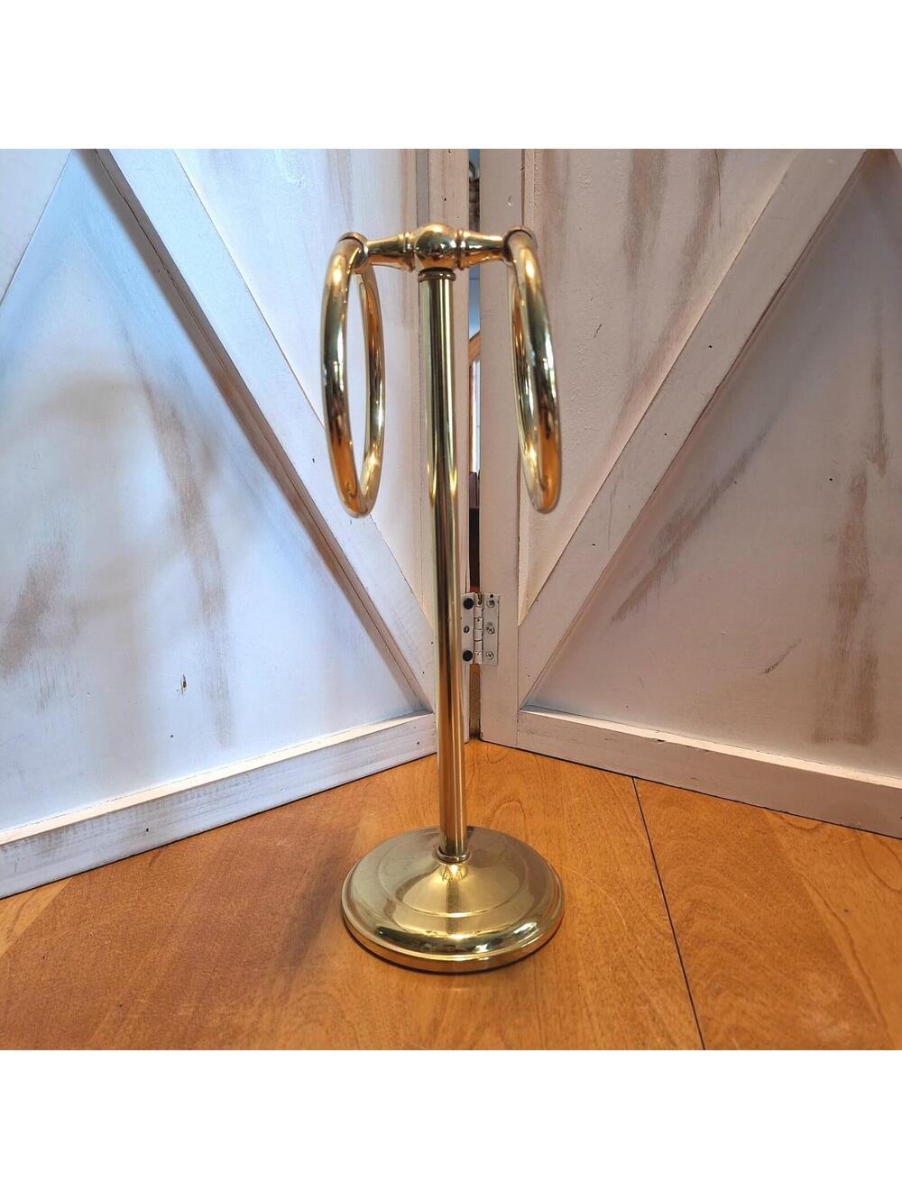 VTG Free Standing Brass Double Ring Hand Towel Holder Hollywood Regency MCM 12”